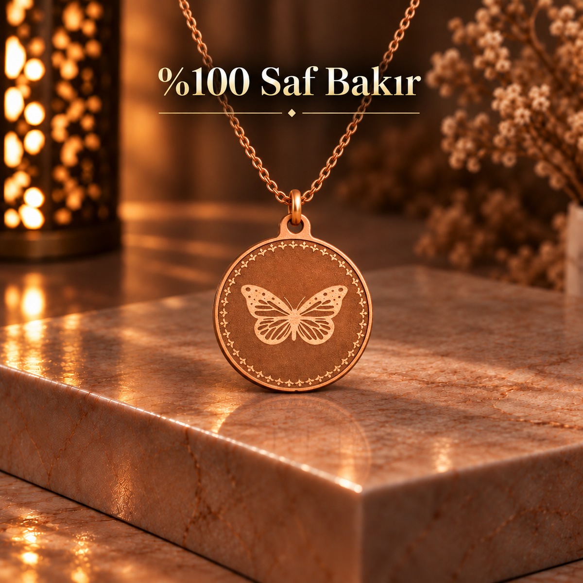 Kelebekli Saf Bakır Kolye